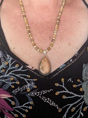 Beaded Jasper Teardrop Pendant Necklace - Natural Brown and Cream